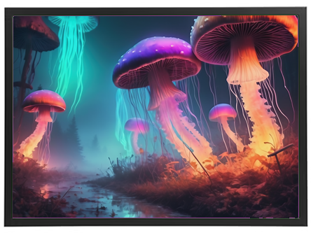 Et surrealistisk landskab med farverige, lysende svampe og en mystisk atmosfære.