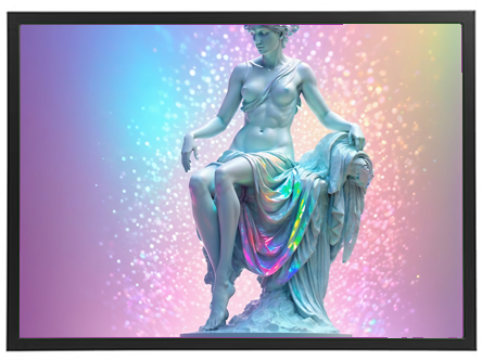 En elegant skulptur af en kvinde i en farverig, glitrende baggrund.