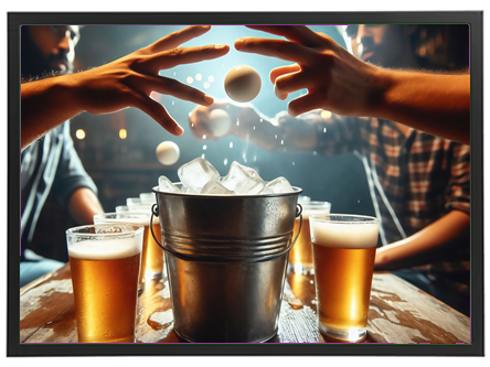 To personer spiller et ølspil med kegler og bolde, omgivet af ølglas.