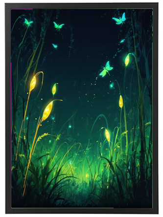 Et fortryllende billede af en mørk skov med lysende planter og sommerfugle, der svæver.