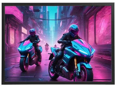 To motorcyklister kører gennem en futuristisk by med neonfarver og lys.