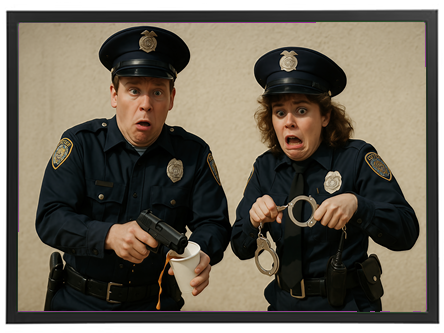 To betjente ser overraskede og komiske ud, mens de holder en pistol og håndjern.