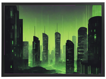 En digital illustration af en futuristisk by med høje, mørke bygninger oplyst af grønne nuancer.