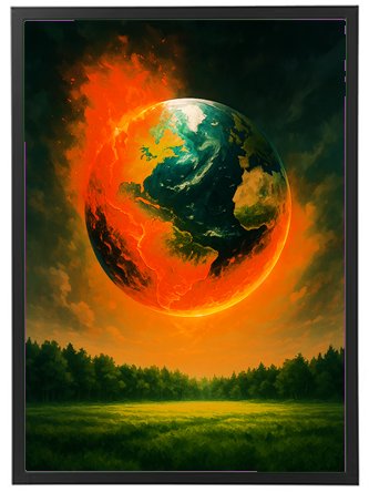 Et dramatisk billede af Jorden, der svæver over en skov, omgivet af flammer og røg.