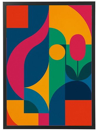 Et farverigt og abstrakt billede med geometriske former og blomstermotiver.