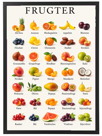 Illustration af forskellige frugter med navne på dansk, præsenteret i et organiseret layout.