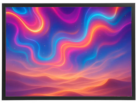 En livlig og farverig abstrakt komposition med bølgende linjer og gradienter.