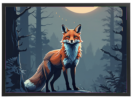 En farverig illustration af en ræv, der står i en skov med måneskin.
