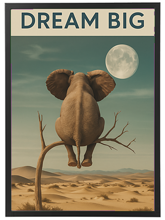 En surrealistisk illustration af en elefant, der sidder på en gren i en ørken under en fuldmåne.