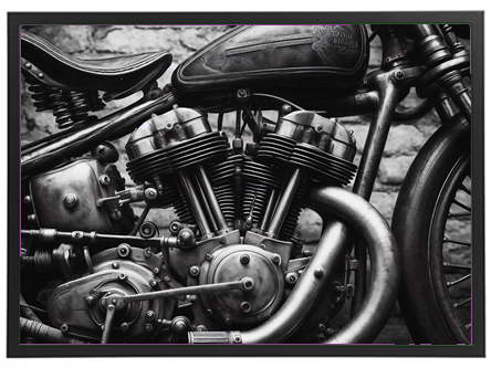 Et nærbillede af en vintage motorcykel med detaljeret motor og kromdele.