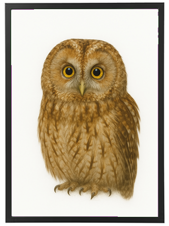 Illustration af en brun ugle med tydelige fjer og store, udtryksfulde øjne.