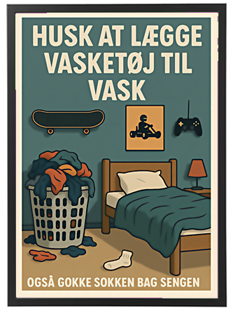 En illustration med en besked om at huske at lægge vasketøj til vask, med en bunke tøj og en seng.