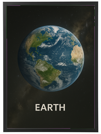 Et billede af Jorden set fra rummet, der viser planetens blå oceaner og grønne landområder.