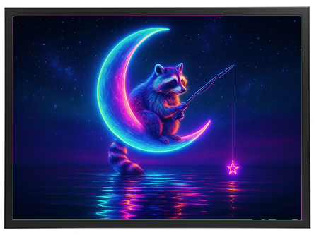 Et farverigt og fantasifuldt billede af en vaskebjørn, der fisker fra en lysende måne.