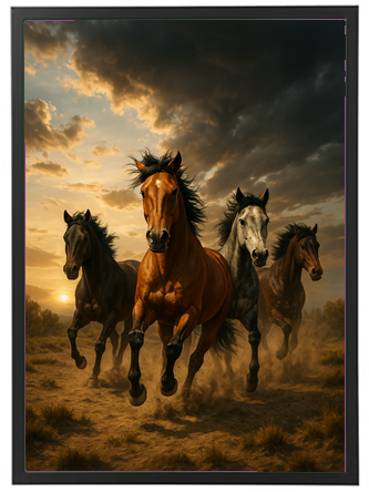 Fire heste løber frit gennem landskabet under en dramatisk himmel.