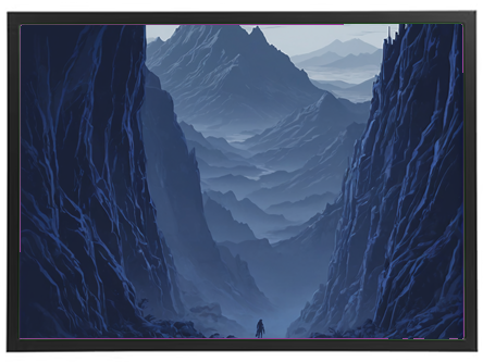 En dramatisk dal med høje bjerge i baggrunden, hvor en ensom skikkelse står og betragter landskabet.