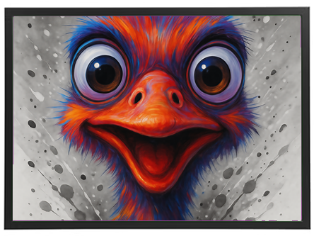 Et livligt og farverigt billede af en struds med store, udtryksfulde øjne og en glad mine.