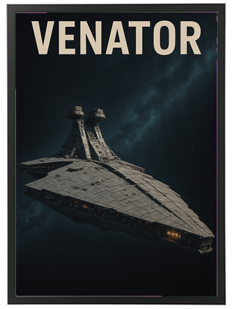 Et billede af en Venator rumskib svævende i rummet med en mørk baggrund.