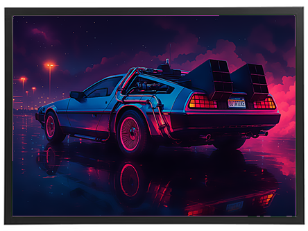 En retro-futuristisk bil med neonbelysning, der står på en våd vej i natten.