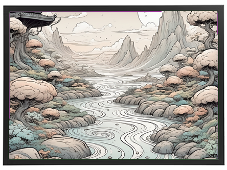 Et stiliseret landskab med en snoet flod, bjerge og træer i bløde farver.