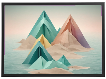 En stiliseret illustration af bjerge i forskellige farver, der står i vand.