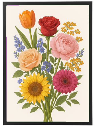 En smuk illustration af en buket med forskellige blomster som tulipaner, roser og solsikker.