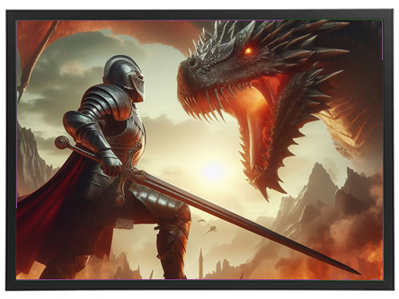 Et dramatisk møde mellem en rustningsklædt ridder og en truende drage i en brændende landskab.