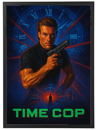 Plakat til filmen Time Cop, der viser en muskuløs mand med en pistol i en futuristisk setting.