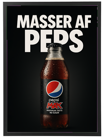 En flaske Pepsi Max med fokus på smag uden sukker, præsenteret med en iøjnefaldende baggrund.