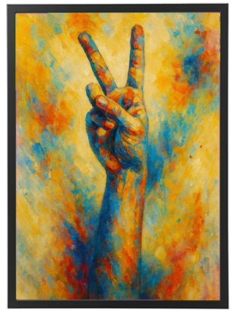 Et maleri af en hånd, der viser fredstegnet, omgivet af farverige penselstræk.