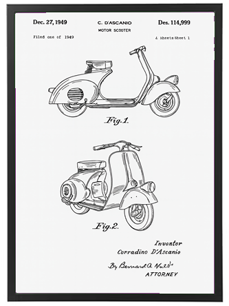 Illustration af scooter design med detaljerede tegninger af to forskellige modeller.