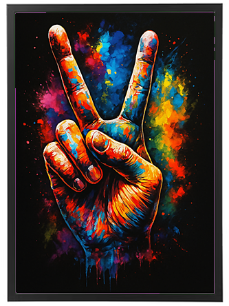 Et farverigt billede af en hånd, der laver V-tegnet, omgivet af sprøjt af farver.