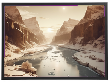 Et smukt vinterlandskab med en isfyldt flod, omkranset af majestætiske klipper og sollys.