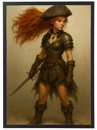 En ung kvindelig pirat med rød hår, iført rustning og med et sværd i hånden.