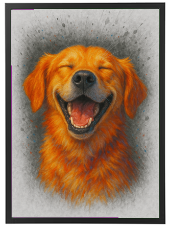 Et portræt af en glad, smilende hund med gyldent pels.