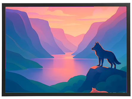 En stiliseret illustration af en ulv, der står på en klippe med udsigt over en farverig flod og bjerge i solnedgang.