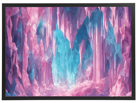 En digital illustration af en isgrotte med nuancer af pink og blå.