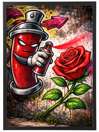 Et farverigt graffiti-inspireret billede af en spraydåse, der sprayer en rød rose.