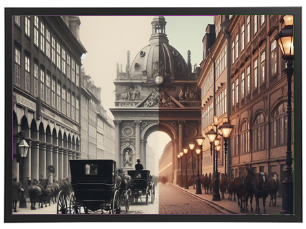 En deling af et gadebillede, der viser en historisk scene med hestevogne og en moderne bysilhuet.