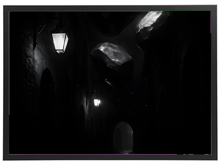 Et dramatisk sort-hvidt billede af en mørk gade oplyst af gadelygter, med svævende sten over.