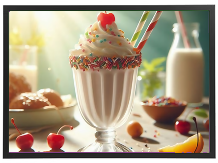 En farverig isdessert med flødeskum, kirsebær, strøelse og sugerør, omgivet af friske ingredienser.