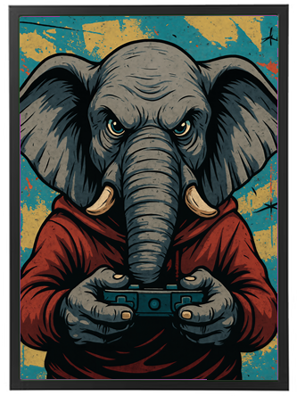 Et farverigt kunstværk af en elefant i en rød hættetrøje, der spiller videospil.