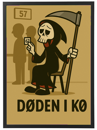 En illustration af Døden, der sidder i en kø og holder et nummer.