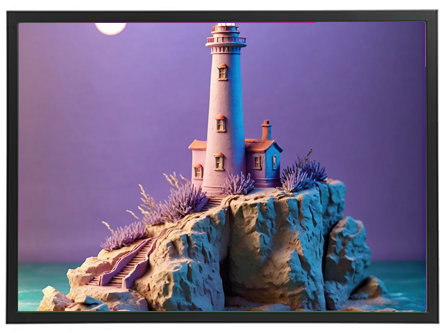 En detaljeret model af et farvandsfyr på en klippe med farverige omgivelser.