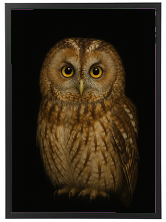 Et detaljeret billede af en ugle med store, gule øjne og en smuk, fjerklædning.