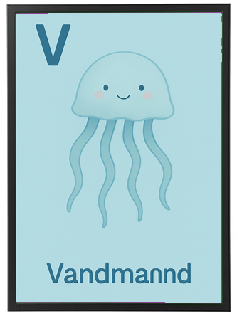 Illustration af en venlig vandmand med lange tentakler, der repræsenterer bogstavet V.