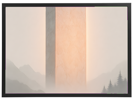 Et stiliseret billede af en monolit, der strækker sig op i en tåget bjerglandskab, oplyst af et blødt lys.