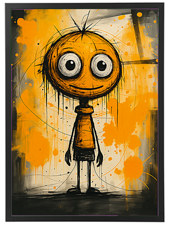 En tegnet karakter med en orange hoved og store, udtryksfulde øjne, omgivet af sprøjtede farver.