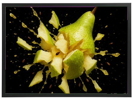 Billedet viser en pære, der eksploderer, hvilket skaber en dynamisk og farverig effekt.