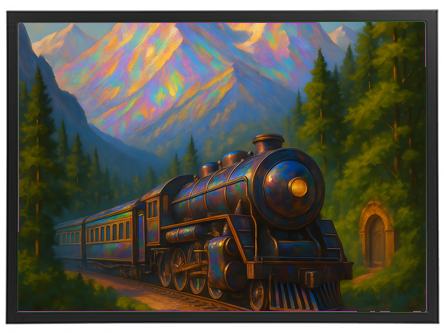 Et malerisk landskab med et damplokomotiv, der kører gennem bjerge og skove.